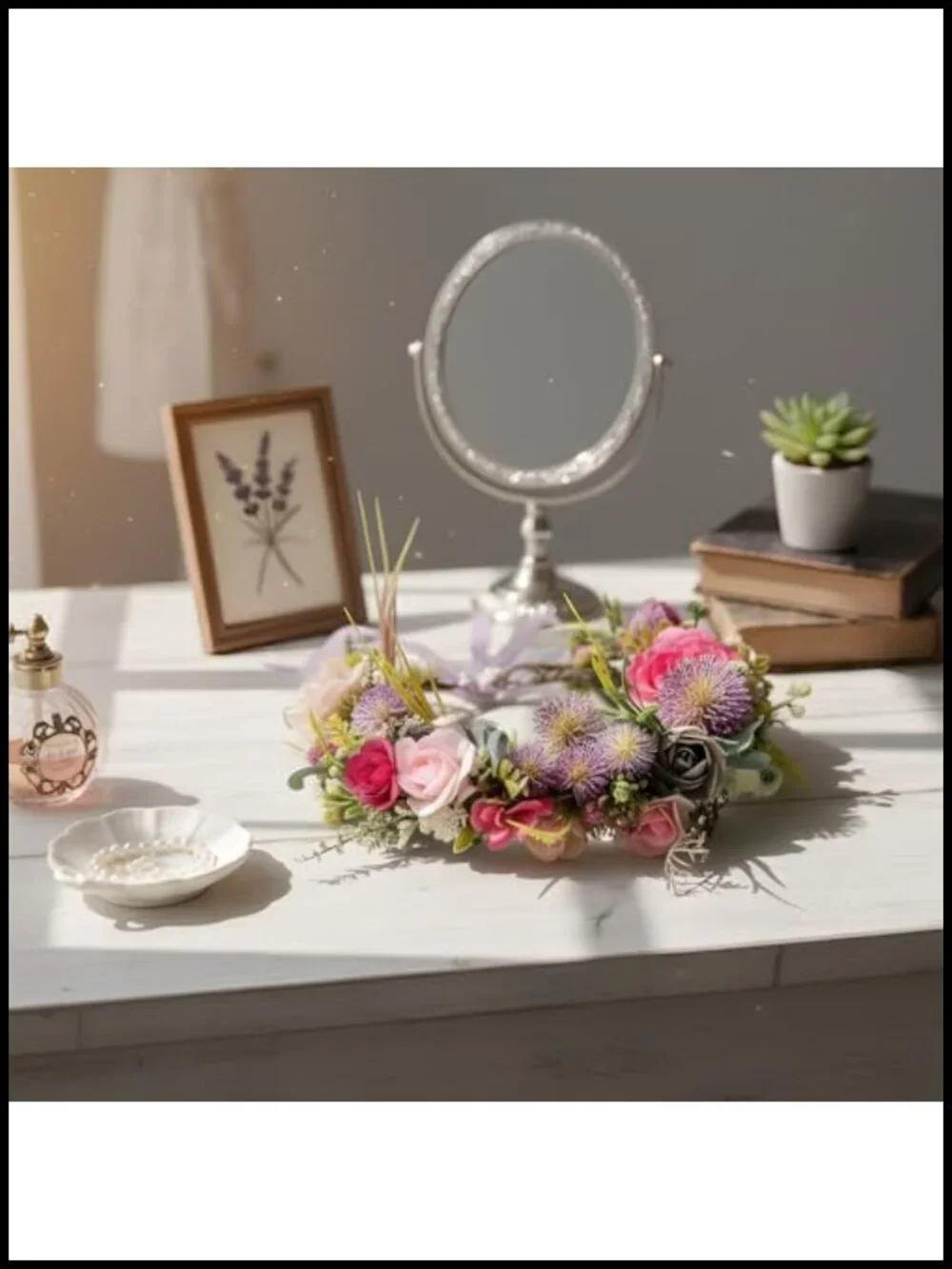 Artificial Flower Crown Headpiece with Adjustable Ribbon, Handmade Forest Fairy